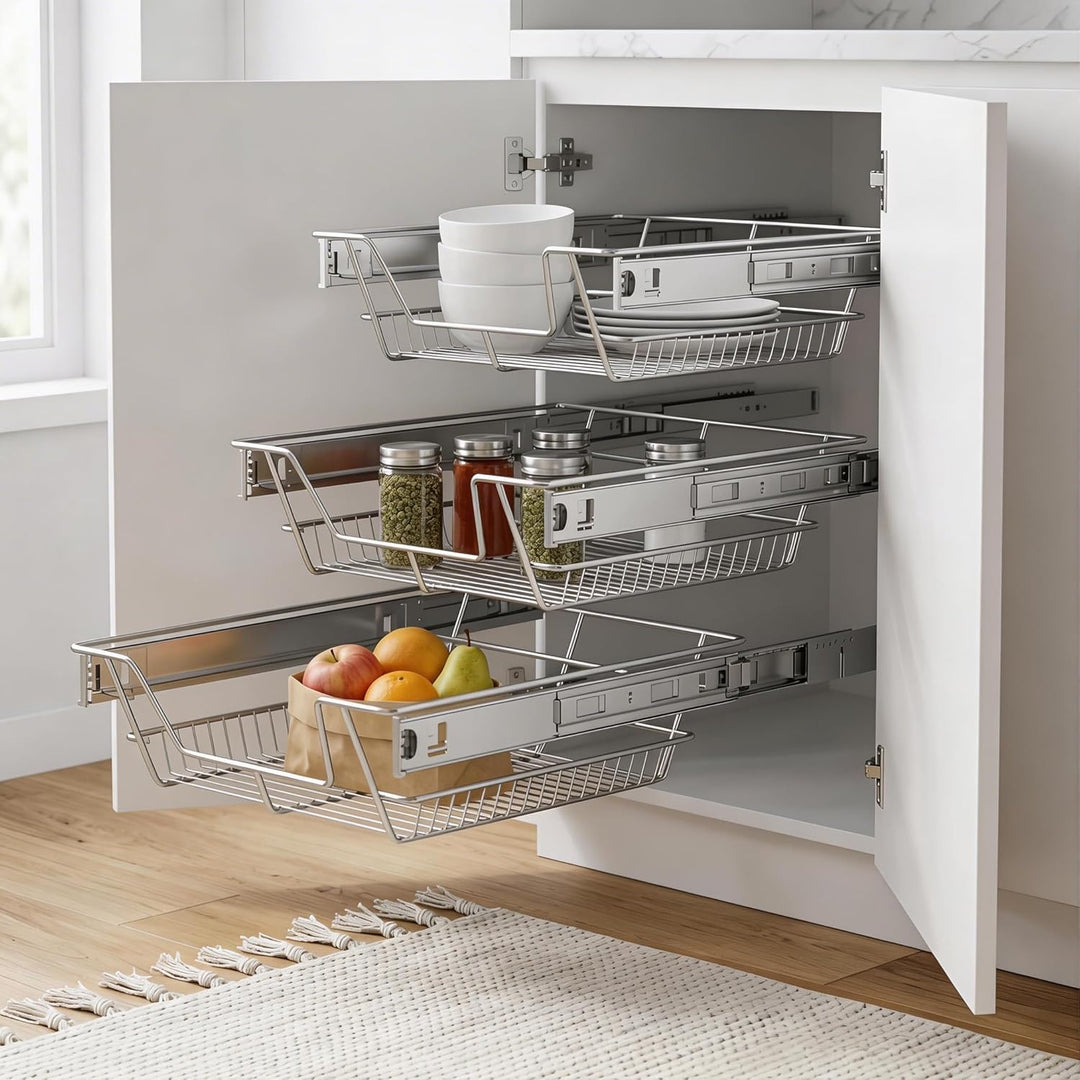 NAIZY 2x Teleskopschublade 50cm Breite anwendbar Küchenschublade Silber Küchen Regal aus Massiver Ed