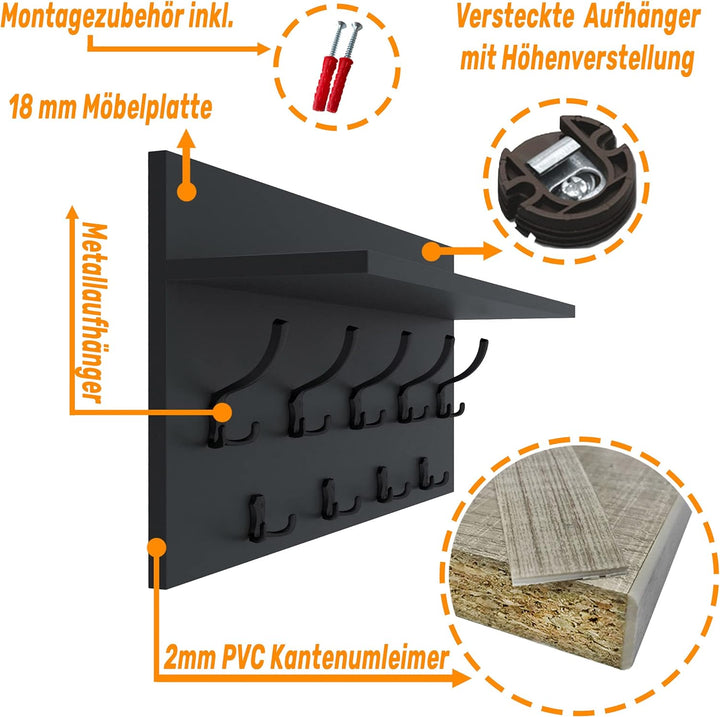 AKKE Mikon 40x70 | VERTI Garderobenpaneel Wandgarderobe Garderobe Wandpaneel Kleiderstange SCHWARZ |