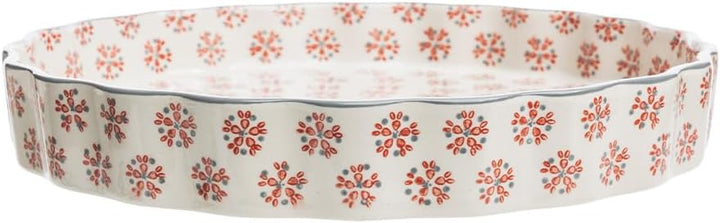 Tranquillo Quicheform aus Steinzeug mit handgestempeltem Print Grau/Rot Retro, 27 cm