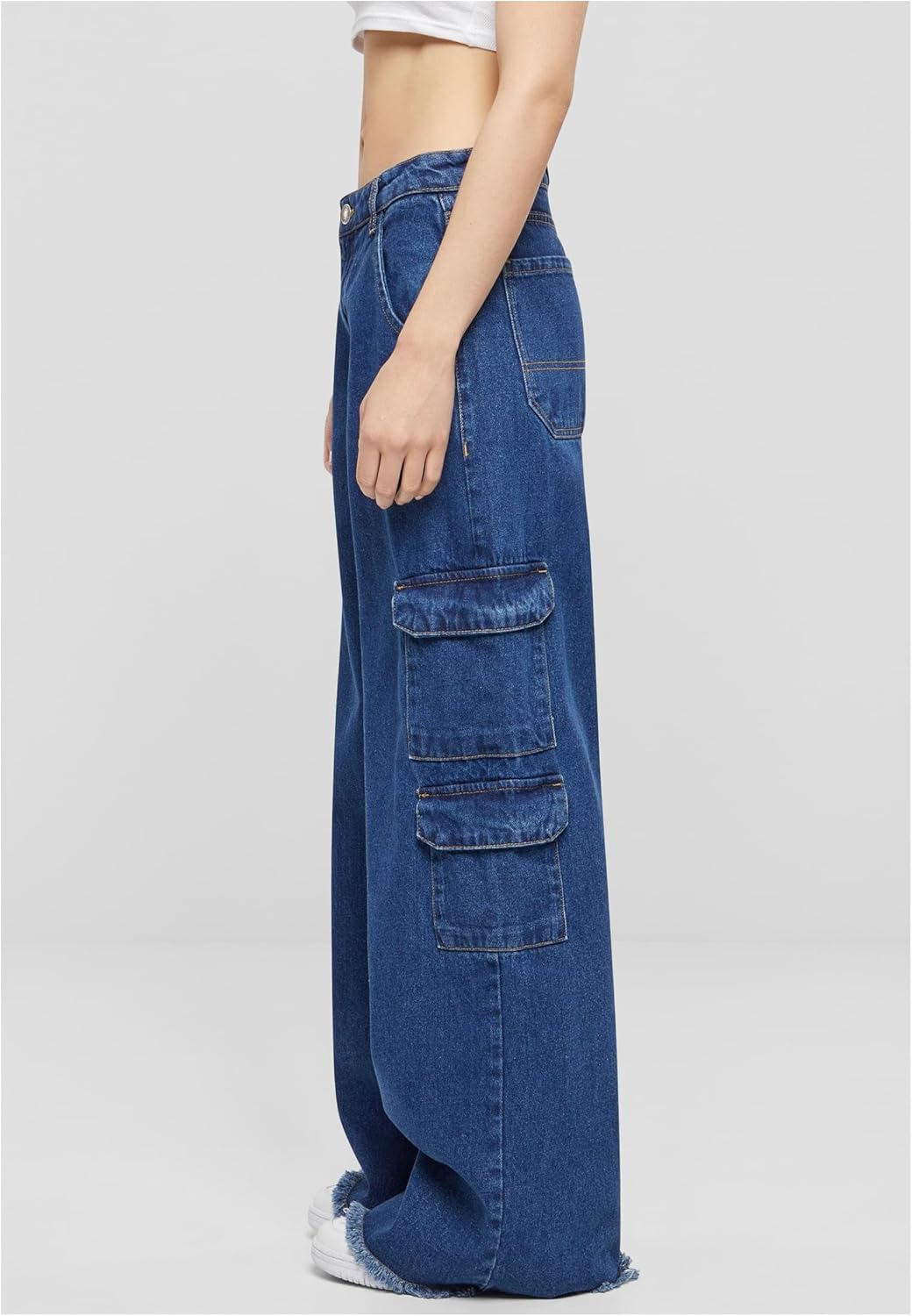 Urban Classics Ladies Mid Waist Cargo Denim Pants Frauen Cargohose schwarz Basics 26 Mid Indigo Wash