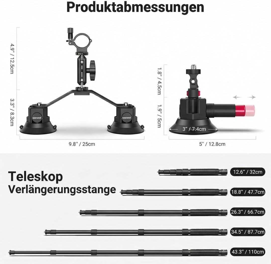 NEEWER Dreifach Saugnapf Auto Halterung für Action Kameras, CA065, CA065