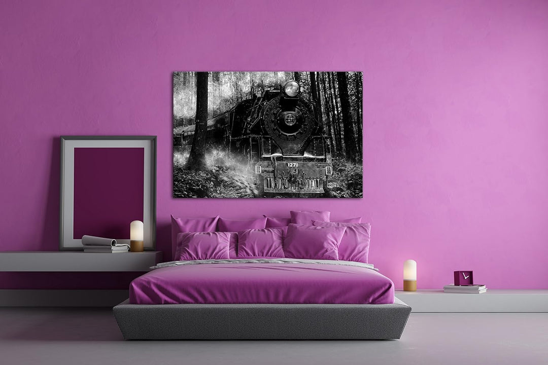 deyoli gewaltige Lokomotive im Wald Effekt: Schwarz/Weiss im Format: 100x70 als Leinwandbild, Motiv