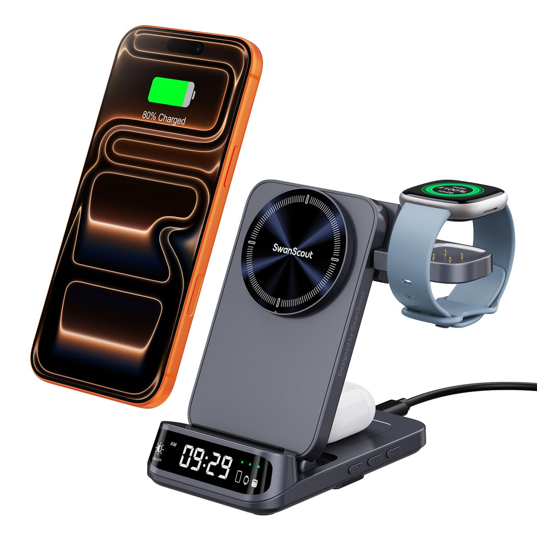 SwanScout Magsafe Ladestation für Fitbit Versa 4/3/Sense 2/1/Ace LTE, 3-in-1 Kabellose Ladegerät für