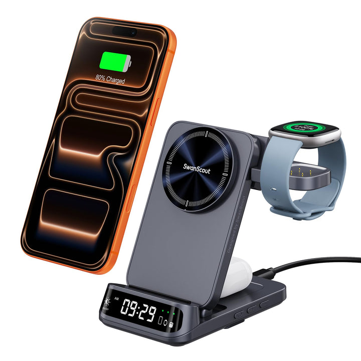 SwanScout Magsafe Ladestation für Fitbit Versa 4/3/Sense 2/1/Ace LTE, 3-in-1 Kabellose Ladegerät für