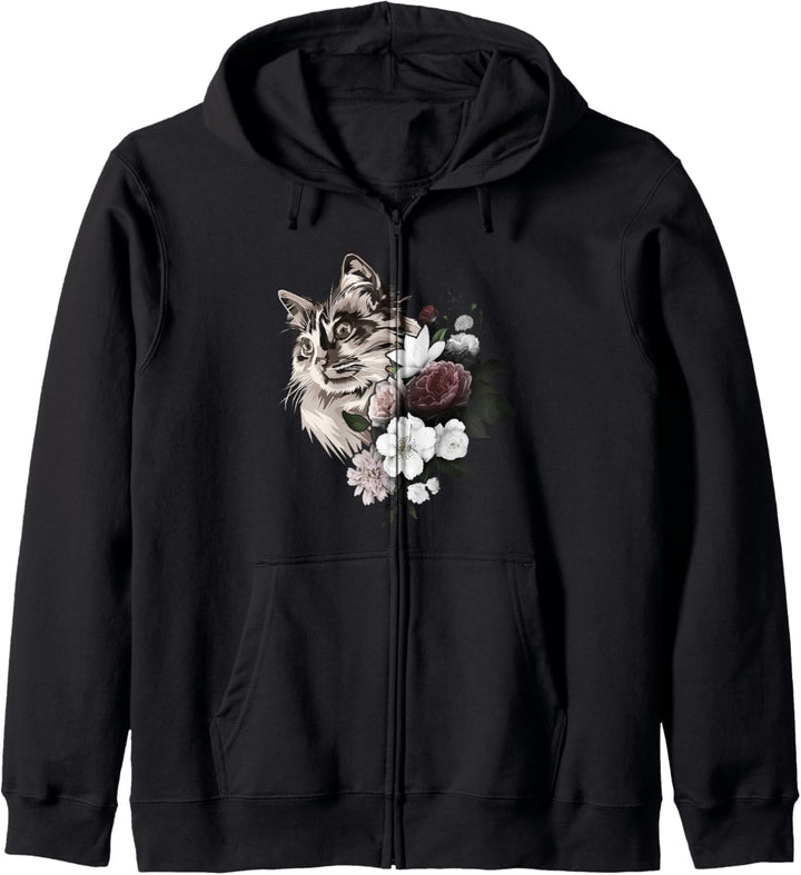 Schöne sibirische Katze mit Blumen, blumig Kapuzenjacke
