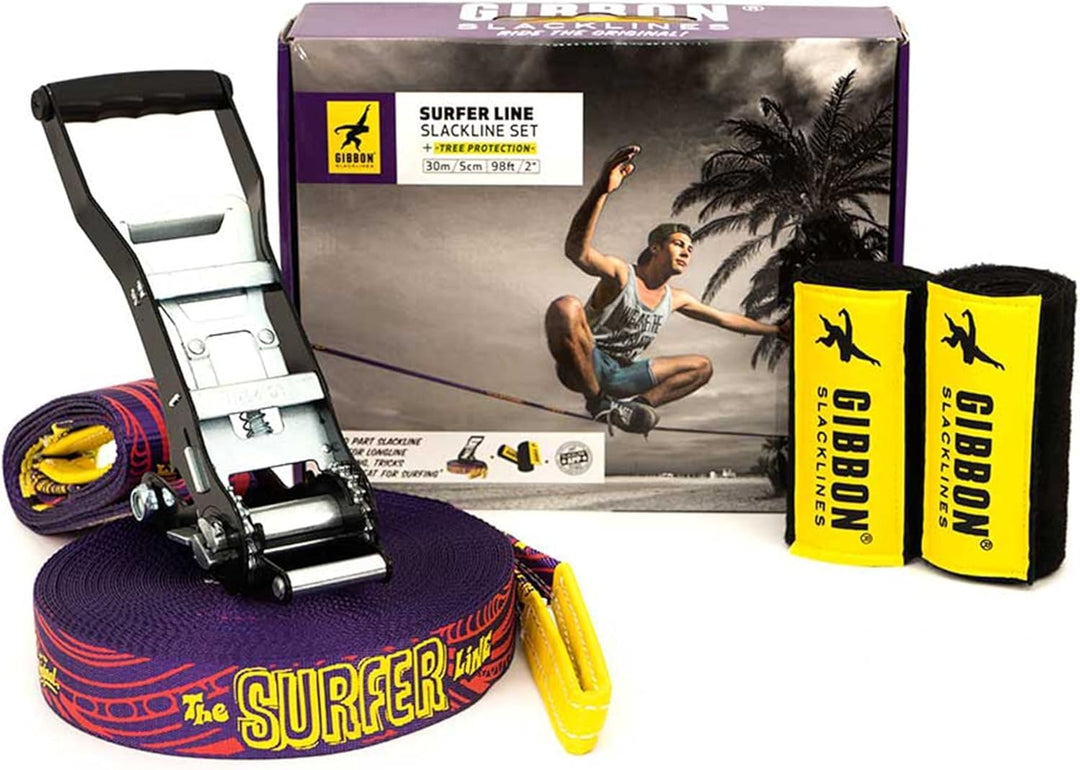 Gibbon Slacklines SurferLine | 30m Trick & Waterline Set | Inkl. Ratschenschutz & TreeWear | Einfach
