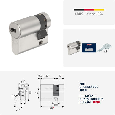 ABUS Profil-Zylinder D6XNP 10/30 mit Codekarte und 5 Schlüsseln, 48294 Nickel Perle 10/30, Nickel Pe