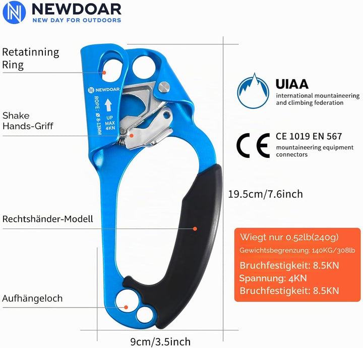 NewDoar UIAA &amp; CE-zertifizierte Handsteigklemme Seilklemme Ascension Kletterbaum Baumpfleger Abseile