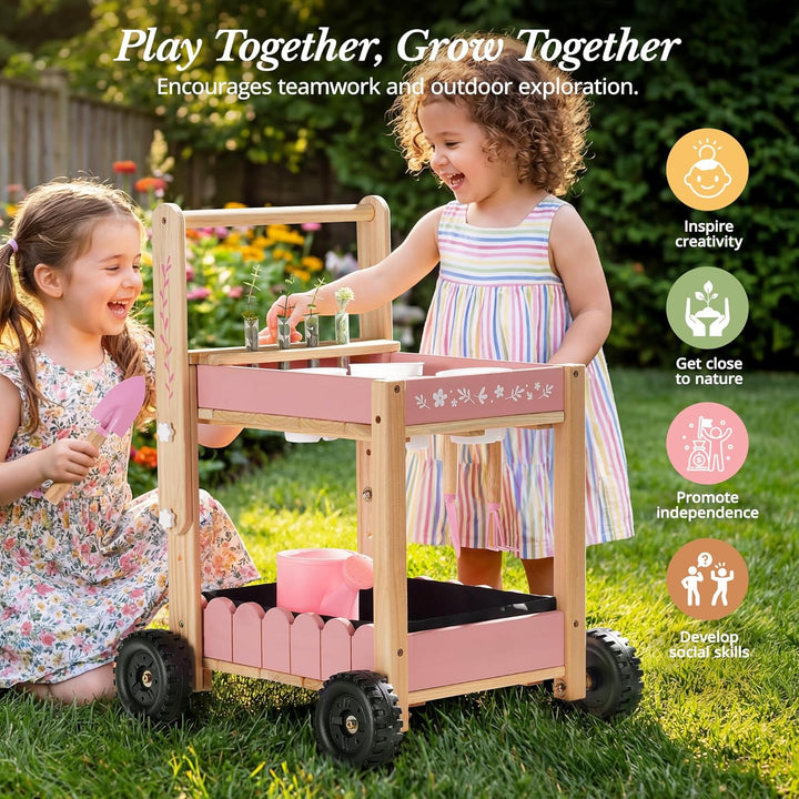 ROBOTIME Holz Gartenwagen für Kinder, Outdoor Garten-Trolley mit 4 Pflanzbechern & 4 Hydroponik-Reag