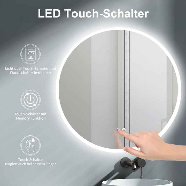Badspiegel mit Beleuchtung Rund 80cm, Spiegel Runder mit Licht und mit Antibeschlag, Badezimmerspieg