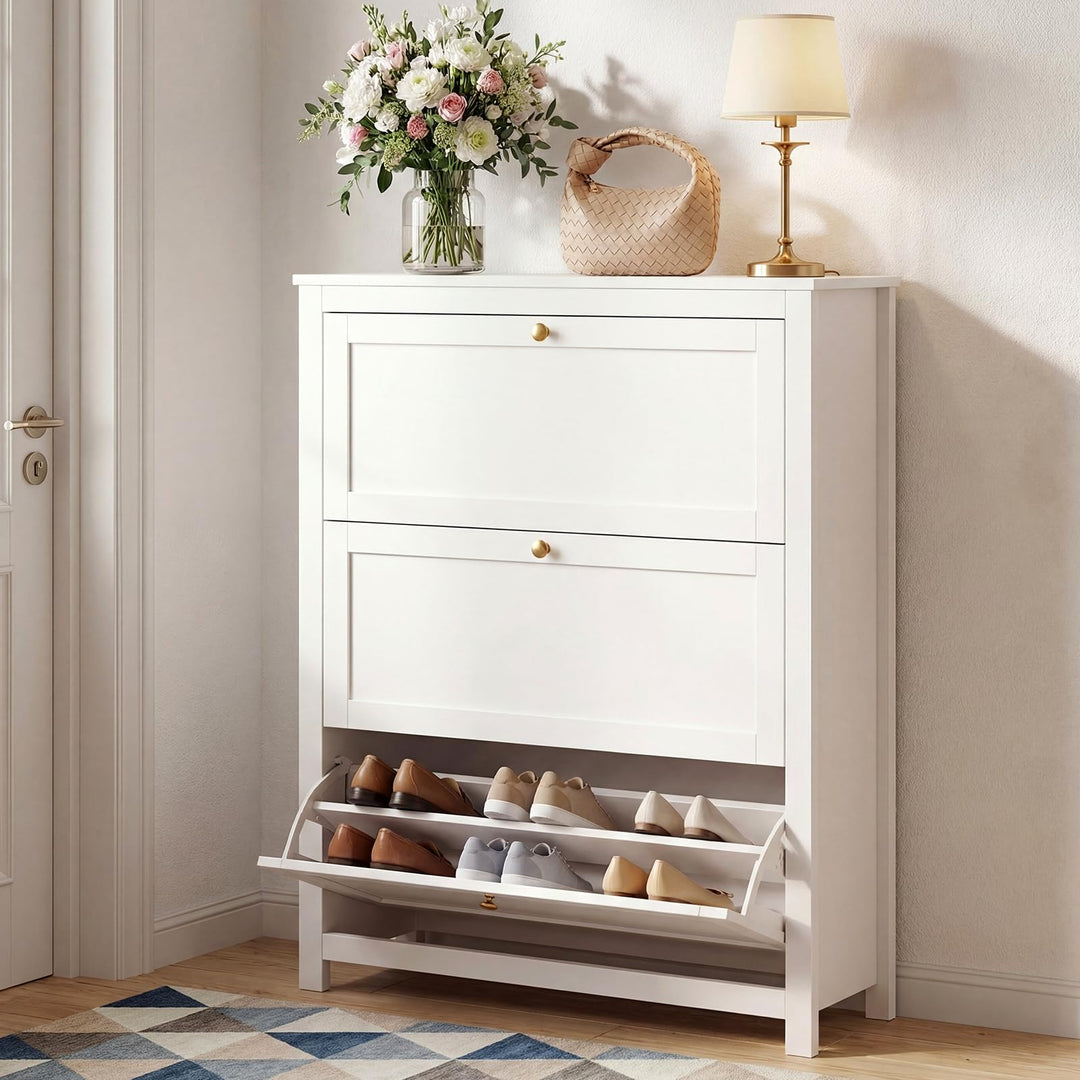 VOWNER Schuhschrank mit 3 Klappen, Schuhregal Schuhkipper Schmal, Schuhschrank Weiss, mit 6 Fächern,