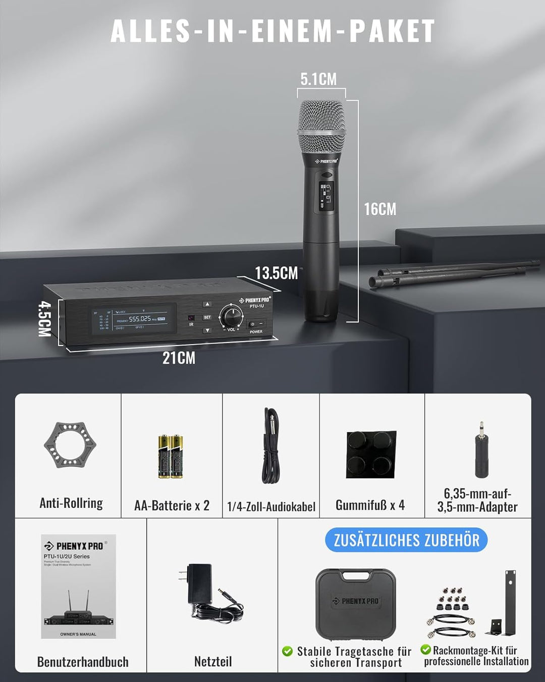 Phenyx Pro True Diversity Wireless Mikrofon System mit 1000 einstellbaren Kanälen, UHF professionell