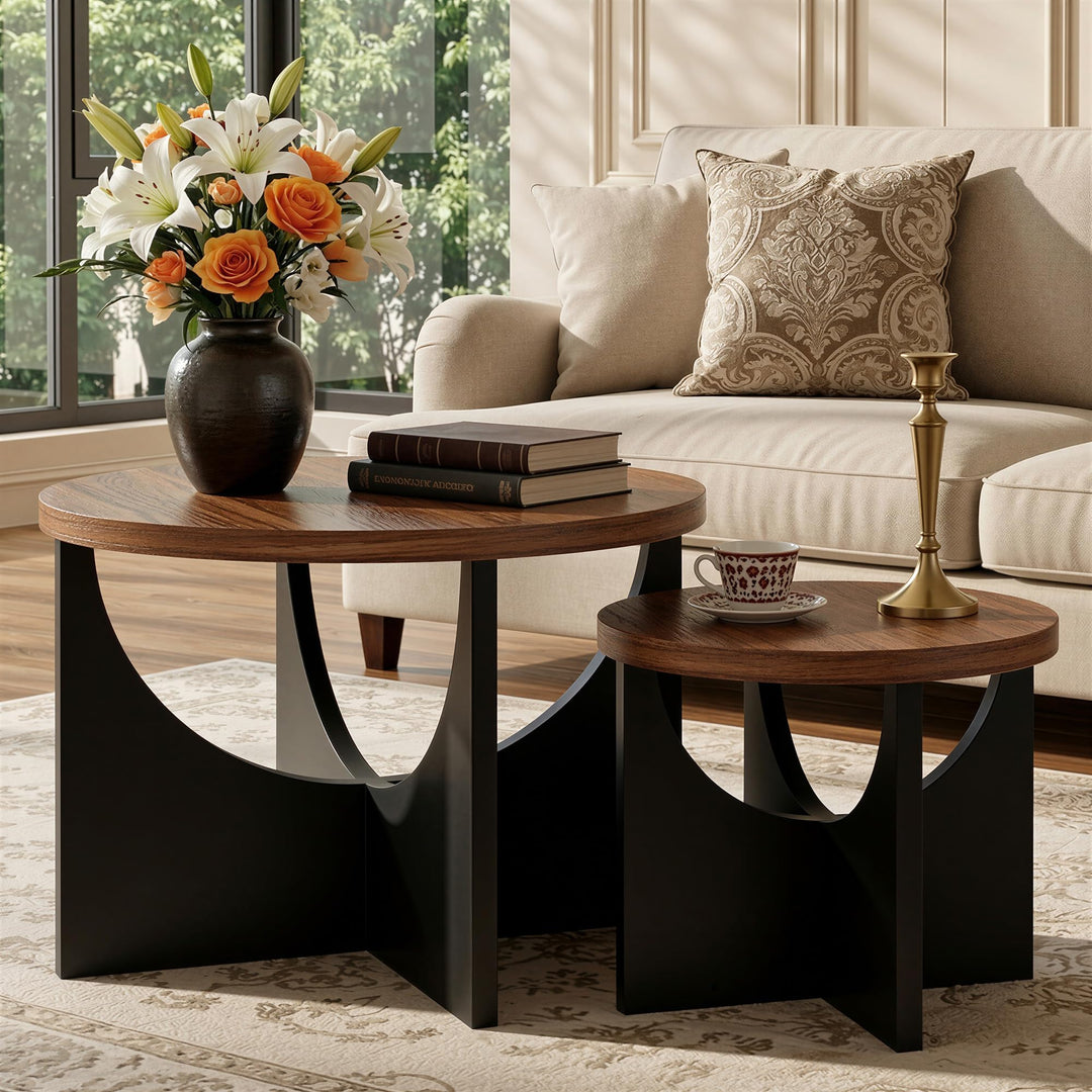 IRONCK Nestingtisch Set aus 2, Couchtisch rund, Moderner Couchtisch aus Holz für Wohnzimmer & Schlaf