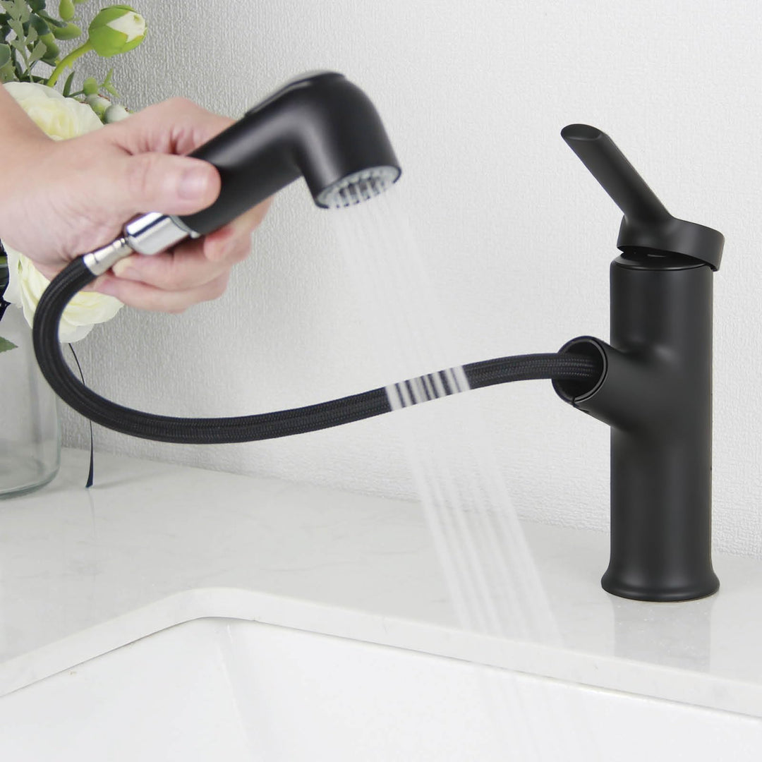 Wasserhahn Bad Schwarz, SEMANEY Waschtischarmatur mit Herausziehbarer Brause, Mischbatterie Waschbec