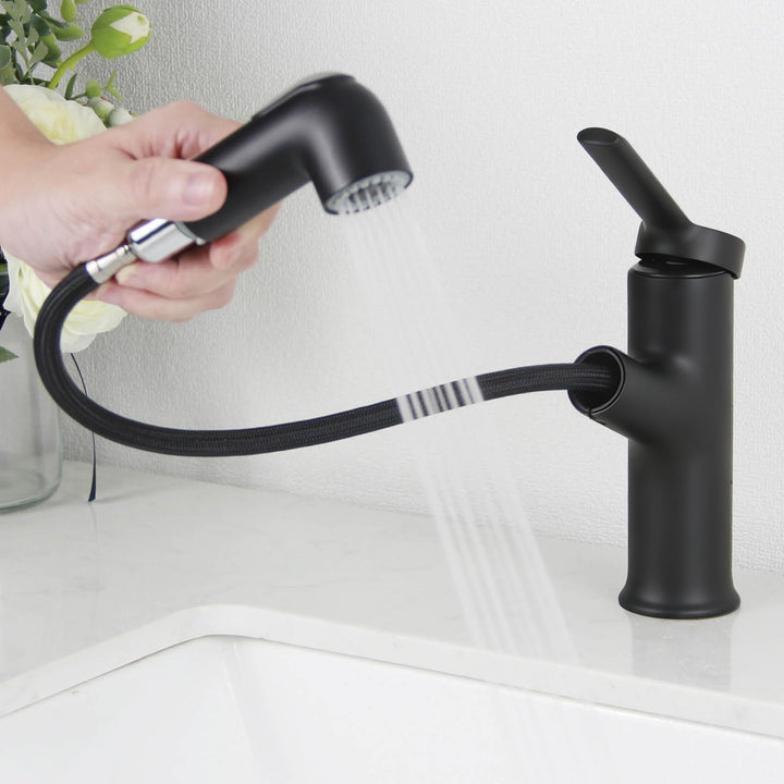 Wasserhahn Bad Schwarz, SEMANEY Waschtischarmatur mit Herausziehbarer Brause, Mischbatterie Waschbec