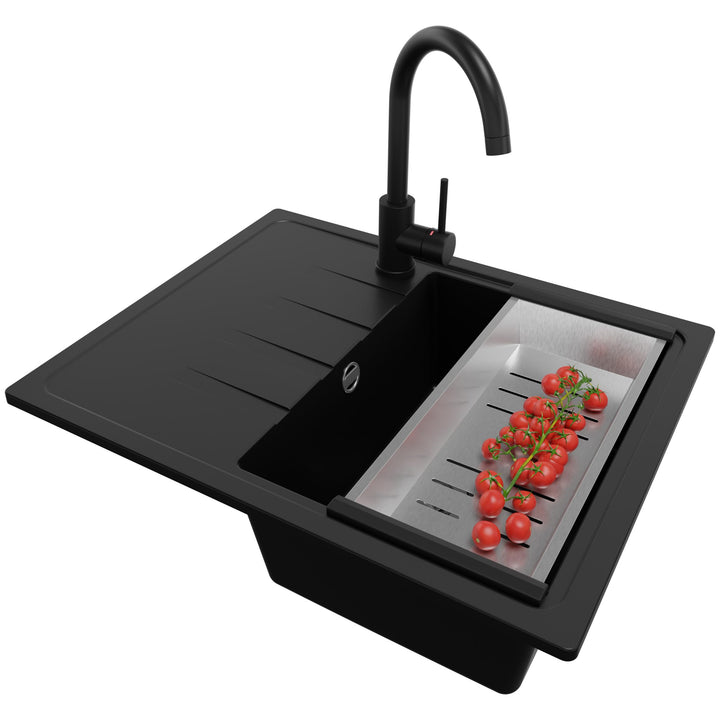 PRIMAGRAN Granitspüle Schwarz 62x50cm, Spülbecken 1 Becken + Küchenarmatur 32x20cm + Ablauf-Set, Küc