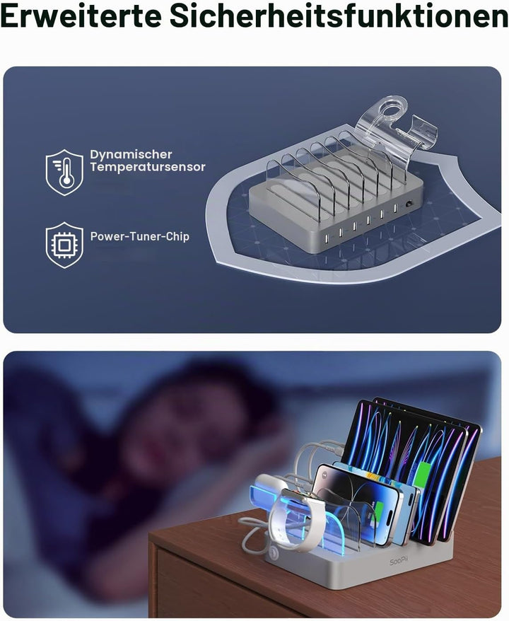 SooPii USB-Ladestation Organizer für mehrere Geräte, 6 Ports 50W Ladestation mit 6 Kabeln und aktual