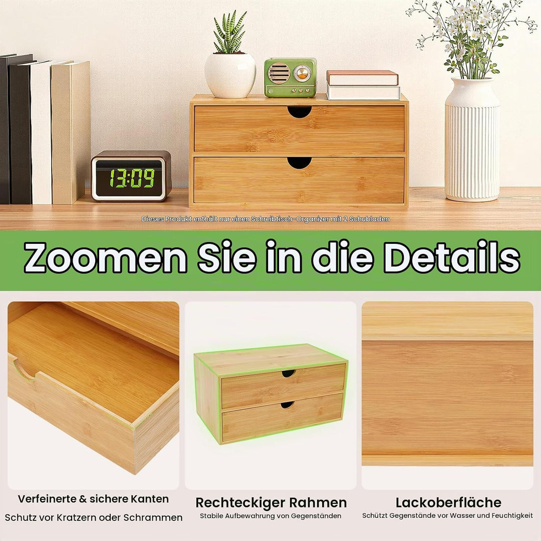 Schubladenbox, Schreibtisch Organizer 2 Schubladen Bambus, Naturbelassener Desktop Organizer 33x19x1