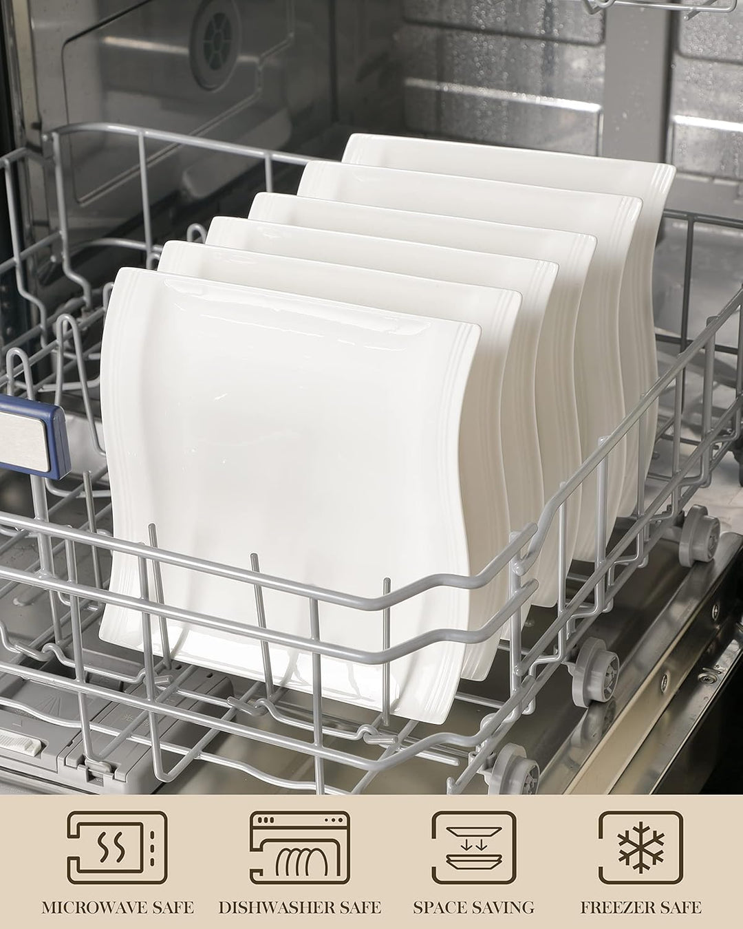 MALACASA, Serie Flora, 6 teilig Set CremeWeiss Porzellan Flachteller Speiseteller Essteller 10,25 Zo