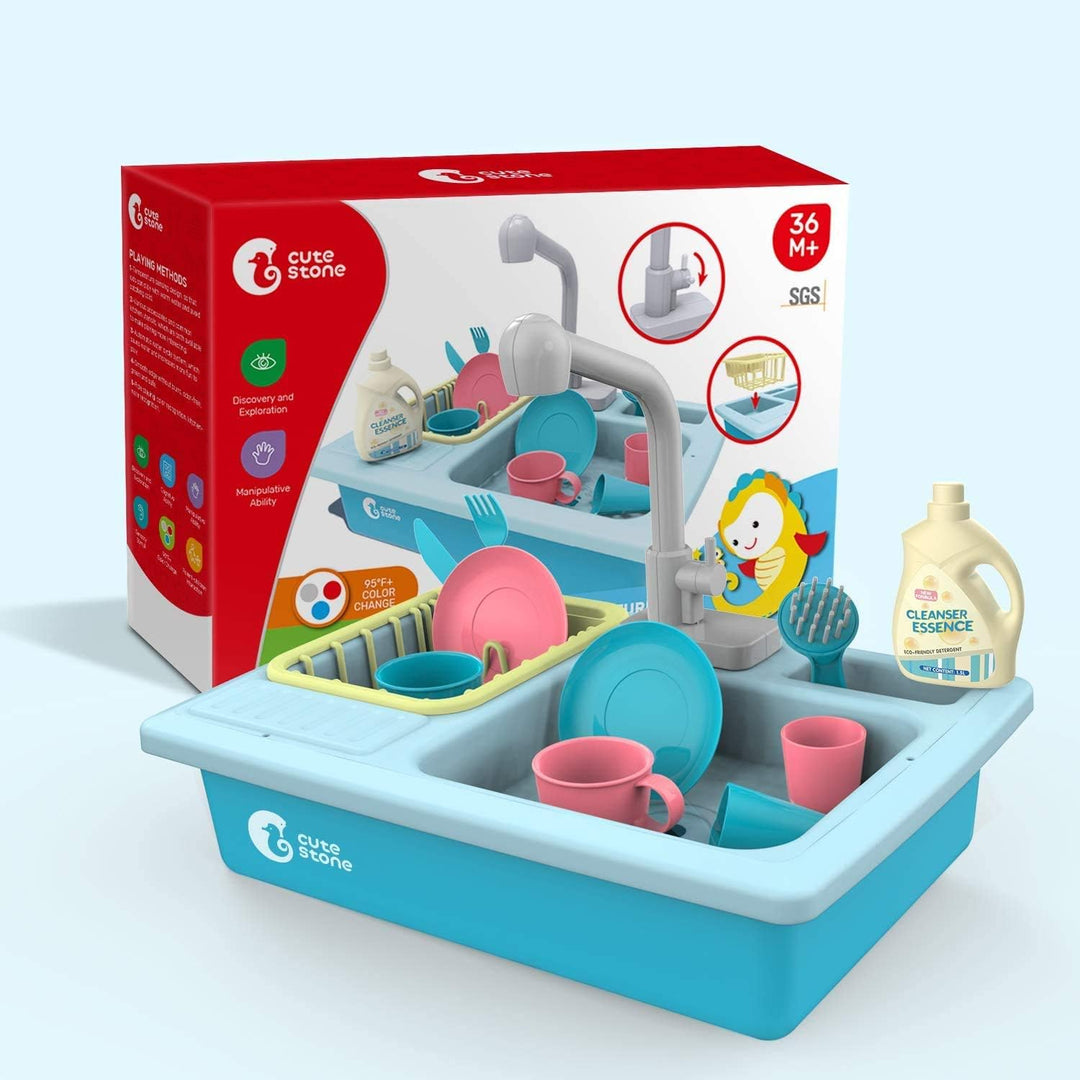 cute stone Küchenspüle Spielzeug Set mit warmbarem Wasser-Recycling Wasserhahn und Waschbecken, Wärm