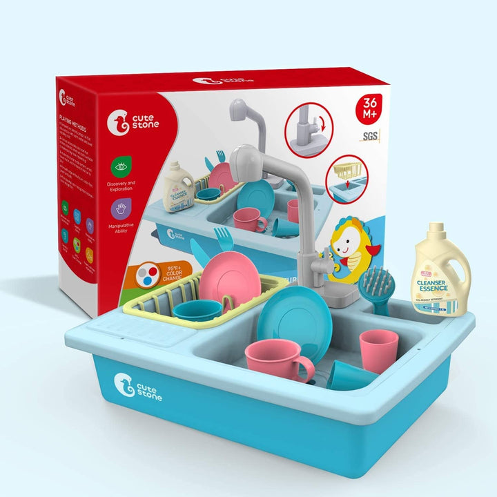 cute stone Küchenspüle Spielzeug Set mit warmbarem Wasser-Recycling Wasserhahn und Waschbecken, Wärm