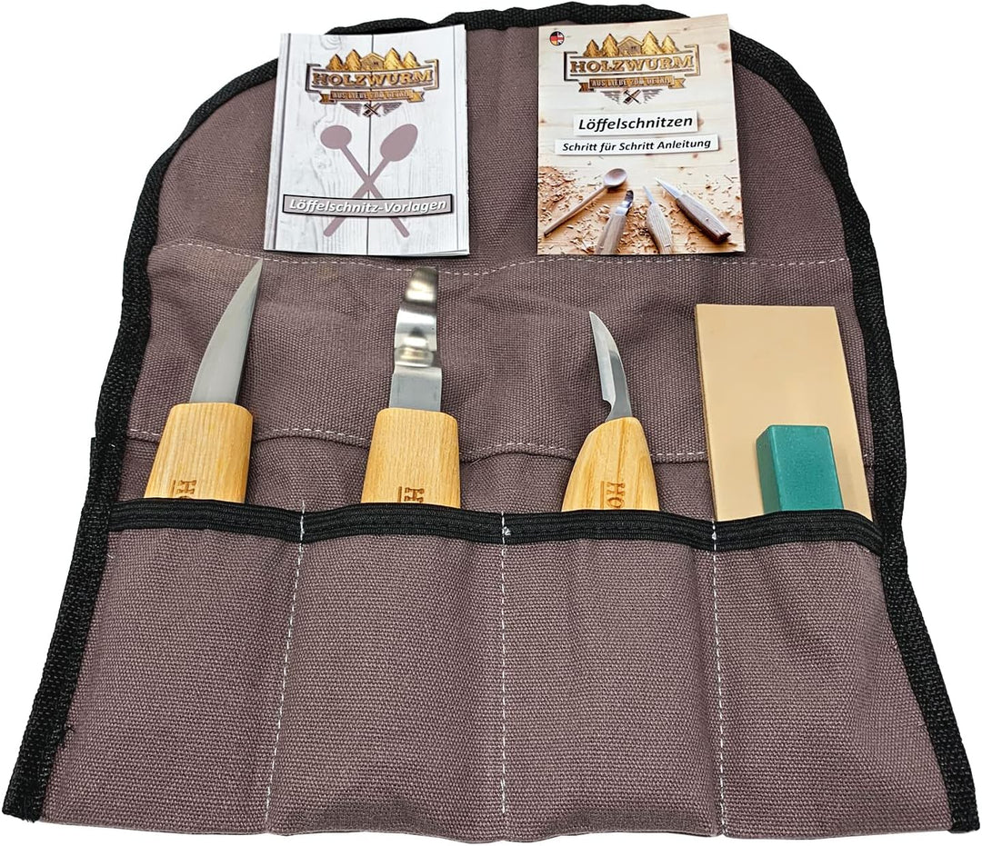 Holzwurm Holz Schnitzmesser-Set inkl. Tasche, Anleitung und Vorlagen, ideales Schnitzwerkzeug-Set zu