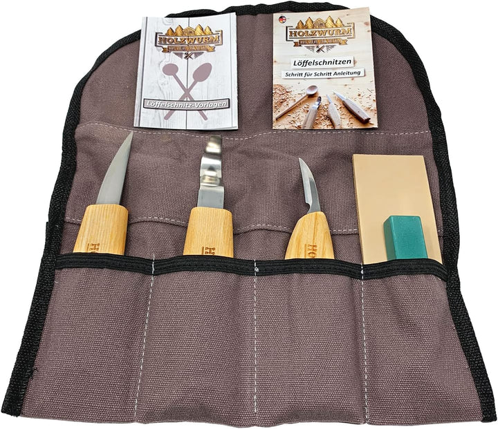 Holzwurm Holz Schnitzmesser-Set inkl. Tasche, Anleitung und Vorlagen, ideales Schnitzwerkzeug-Set zu