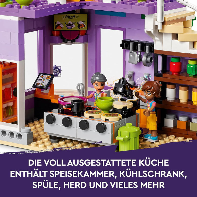 LEGO 41747 Friends Heartlake City Gemeinschaftsküche Spiel-Set mit Koch-Zubehör, 3 Mini-Puppen und d