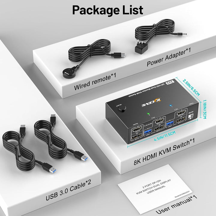 4K@144Hz HDMI Displayport KVM Switch 2 PC 2 Monitore 8K@60Hz, MLEEDA USB 3.0 Dual Monitor KVM Switch