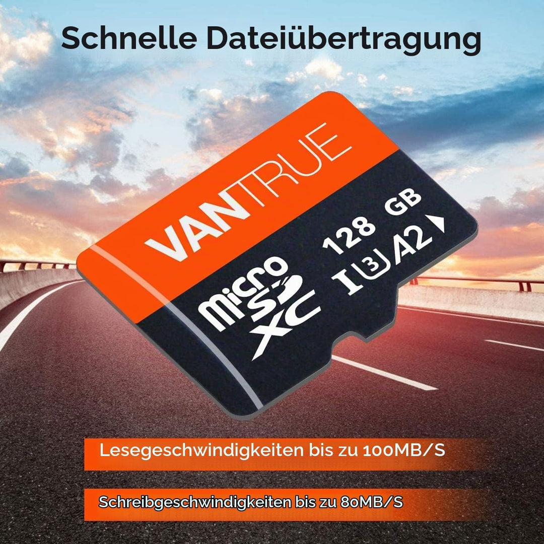 VANTRUE 128GB microSD Speicherkarte, UHS-I U3 A2 4K, inkl. Adapter, Kompatibel mit Dashcam, Smartpho