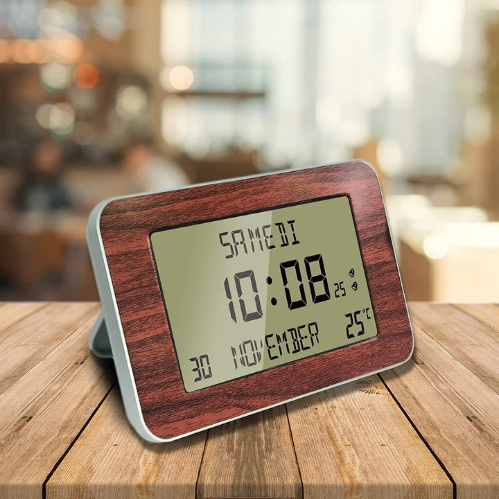 FISHTEC Funkuhr Wecker - Kalender mit Datum Tag und Uhrzeit - Grosse Anzeige - 2 Alarme - Temperatur