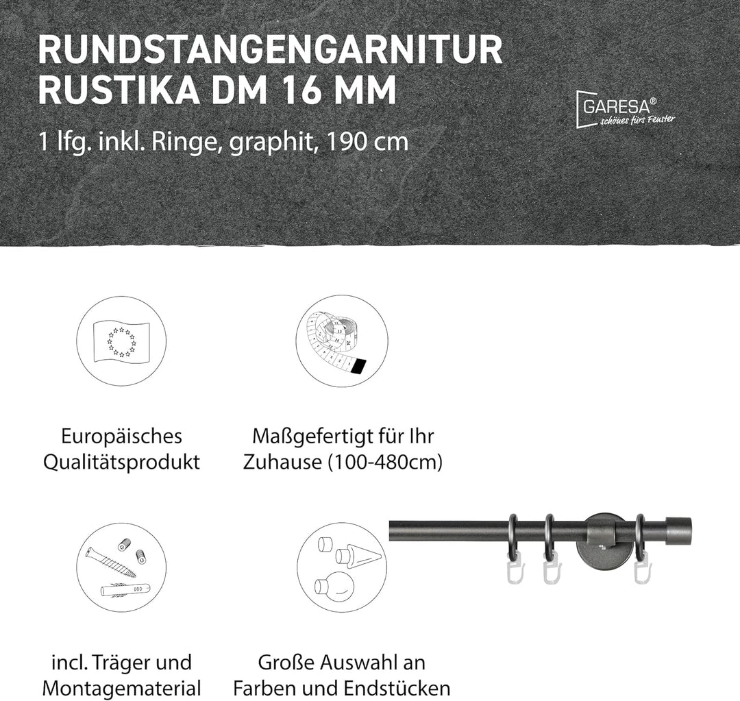 Garesa Gardinenstange Rustika Ø 16mm, 1-läufig, Graphite I Rustikale Vorhangstange aus Metall inkl.