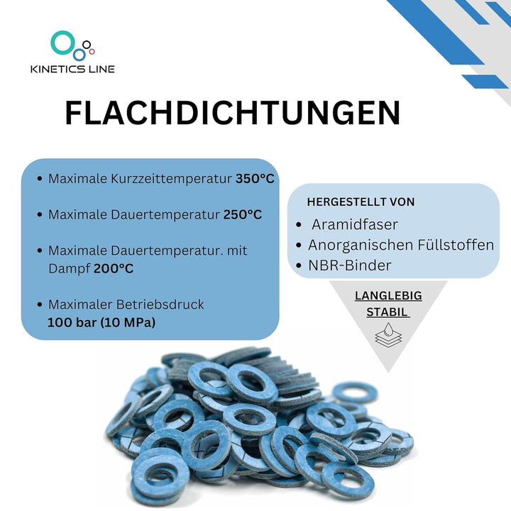 Aramidverstärkte Hochtemperatur-Flachdichtung 1/2 Zoll (18,5 x 11 x 2 mm) – 100 Stück – bis 350 °C /