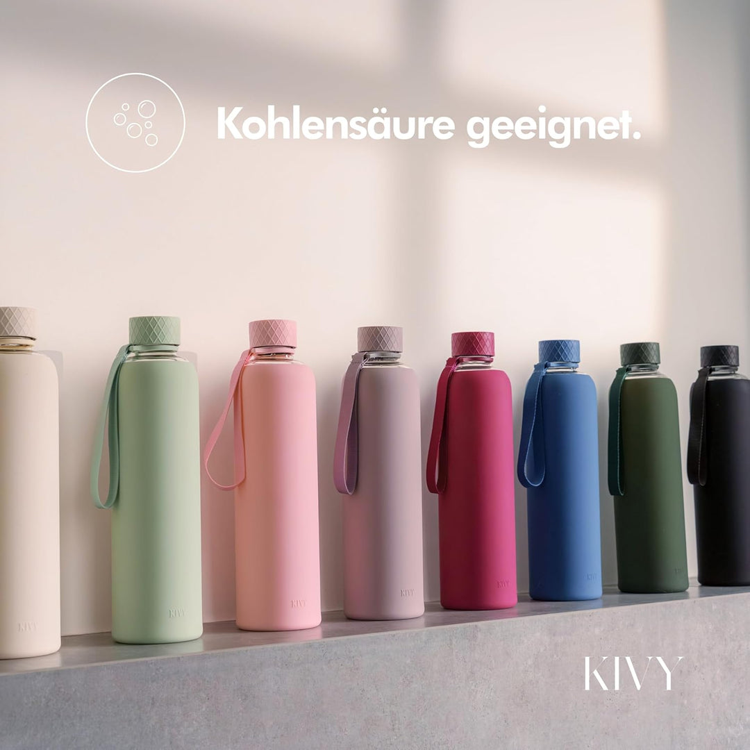 KIVY Glas Trinkflasche 1l mit Silikonschutz [KOHLENSÄURE GEEIGNET] Glasflasche 1 Liter - Wasserflasc