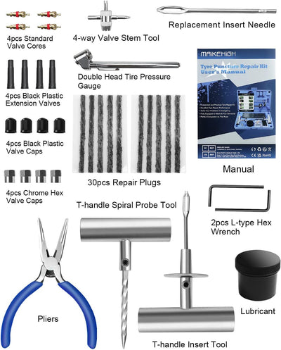 MAIKEHIGH Reifenreparaturset, Reifen Reparaturset Auto - 69 Stück Reifen Reparatur Set für ATV, LKW,