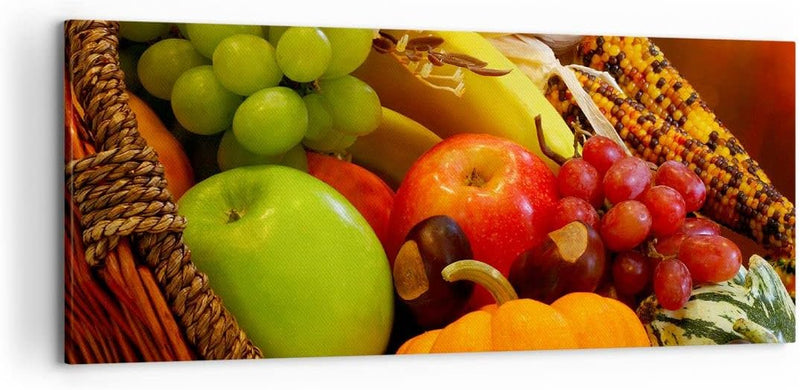 Wandbilder Dekoration Wohnzimmer Weidenkorb Obst Gemüse Panorama Bilder auf Leinwand 120x50cm Leinwa