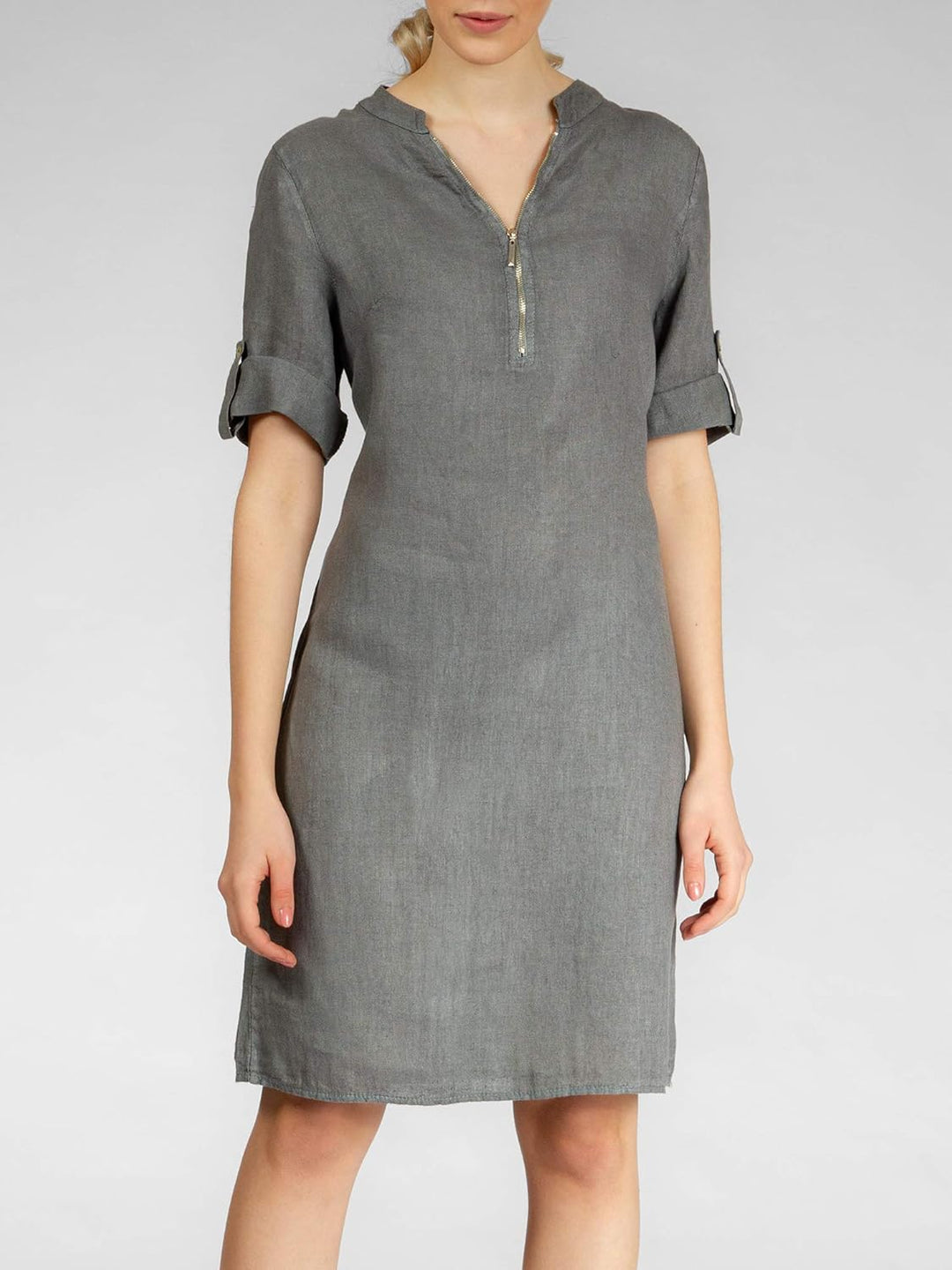 Caspar SKL037 stylisches knielanges Damen Sommer Leinenkleid mit Reissverschluss Ausschnitt 36 Grau,