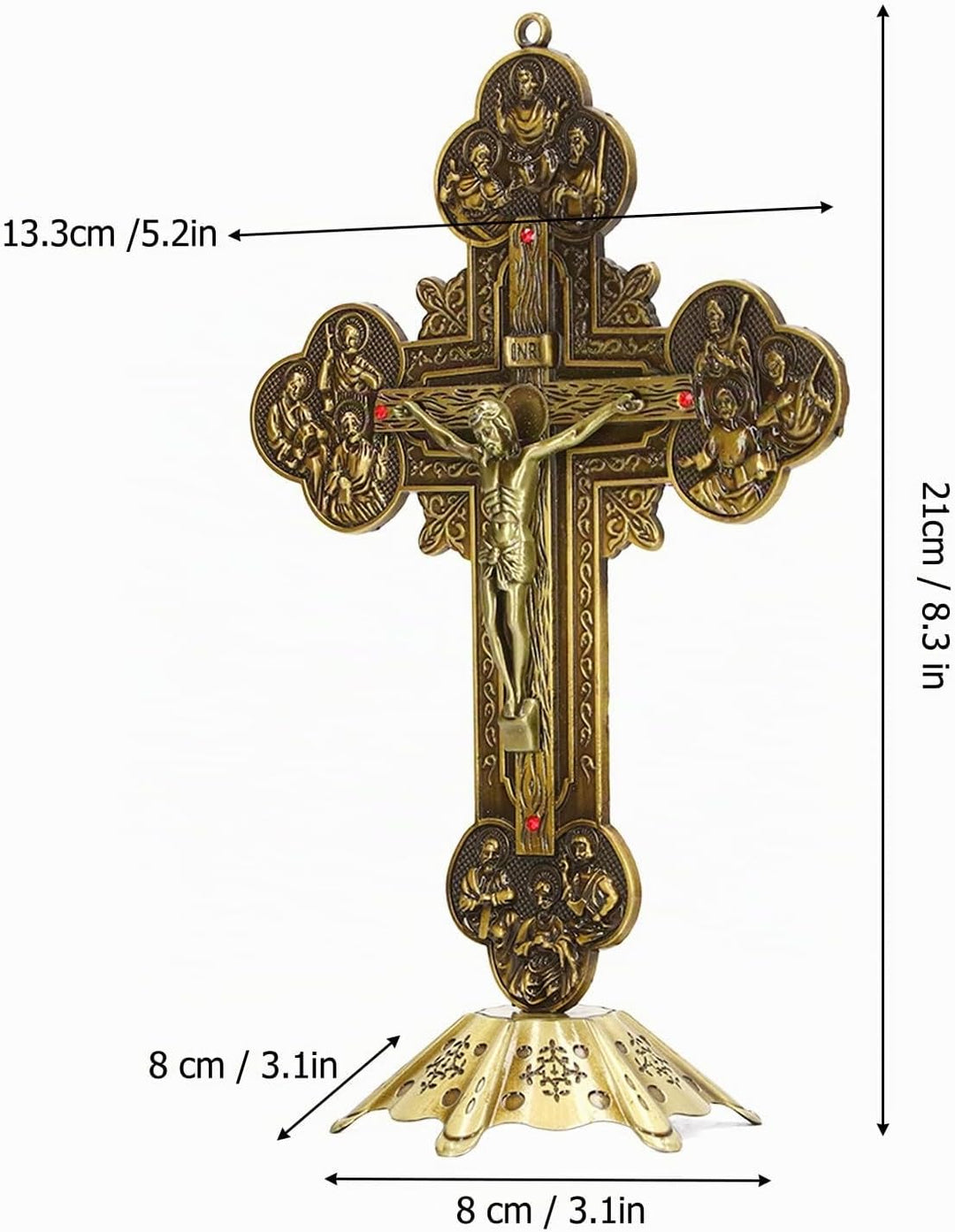 Stehendes Kruzifix, Fürbitte, Wand- und Tischkreuz, Kruzifix mit Eingelegtem Rotem Vintage-Metallmat