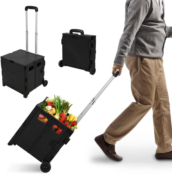 Einkaufstrolley Klappbar 45L, Faltbare Einkaufskiste mit Deckel, 2 Rollen & höhenverstellbarem Teles