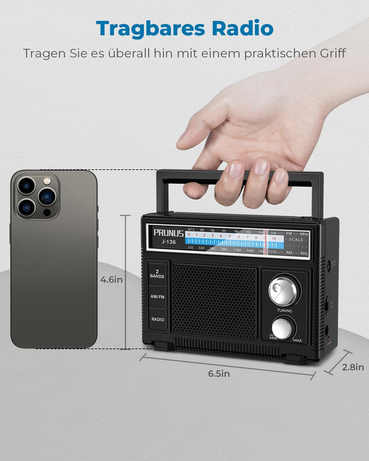 PRUNUS J-136 AM FM UKW Radio Klein, Tragbares Radio Batteriebetrieben oder AC-Strom, Kofferradio mit