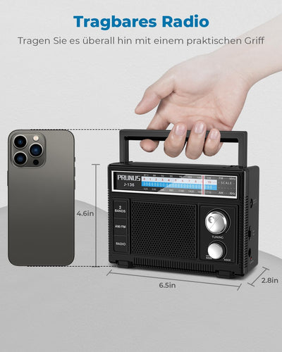 PRUNUS J-136 AM FM UKW Radio Klein, Tragbares Radio Batteriebetrieben oder AC-Strom, Kofferradio mit