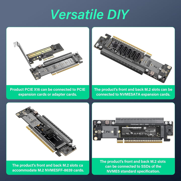 SinLoon PCIe 5.0 X16 Erweiterungskarte, PCIe Bifurcation Riser Card, Teilt X16 Slot in X8+X4+X4, Unt