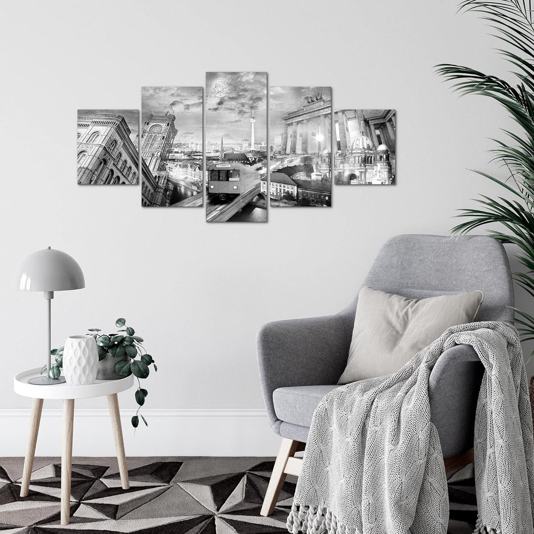 Runa Art Wandbilder Berlin 5 Teilig Bild auf Vlies Leinwand Deko Büro Wohnzimmer Stadt Schwarz Weiss