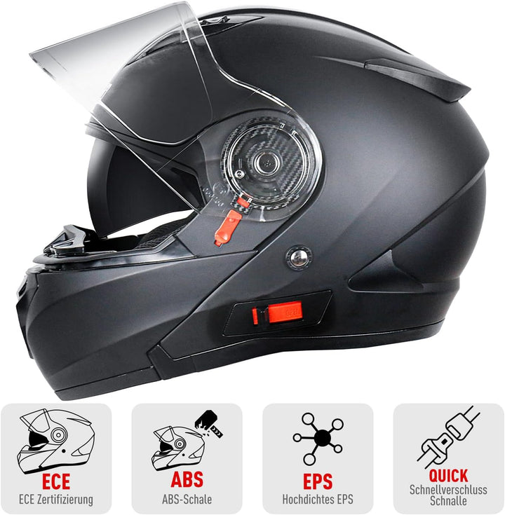 Helm Motorrad, Motorradhelm Zertifiziert nach ECE 22.06, Klapphelm Motorrad Herren, Schwarzer und Gr