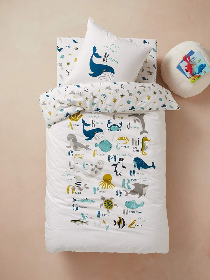 Vertbaudet Kinder Bettwäsche-Set Meerestiere wollweiss 140X150 - Kissen 63X63 140X150 - KISSEN 63X63