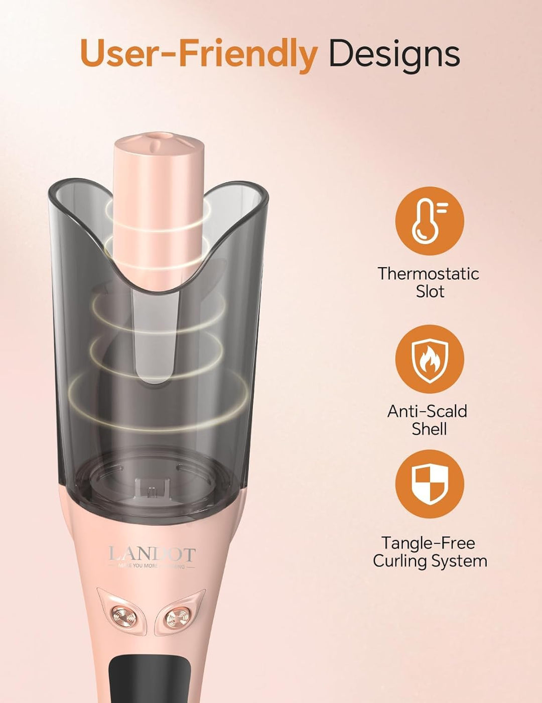 LANDOT 25mm Automatischer Rotierender Lockenstab - Für Beach Waves und Natürliche Locken, mit 8 Temp