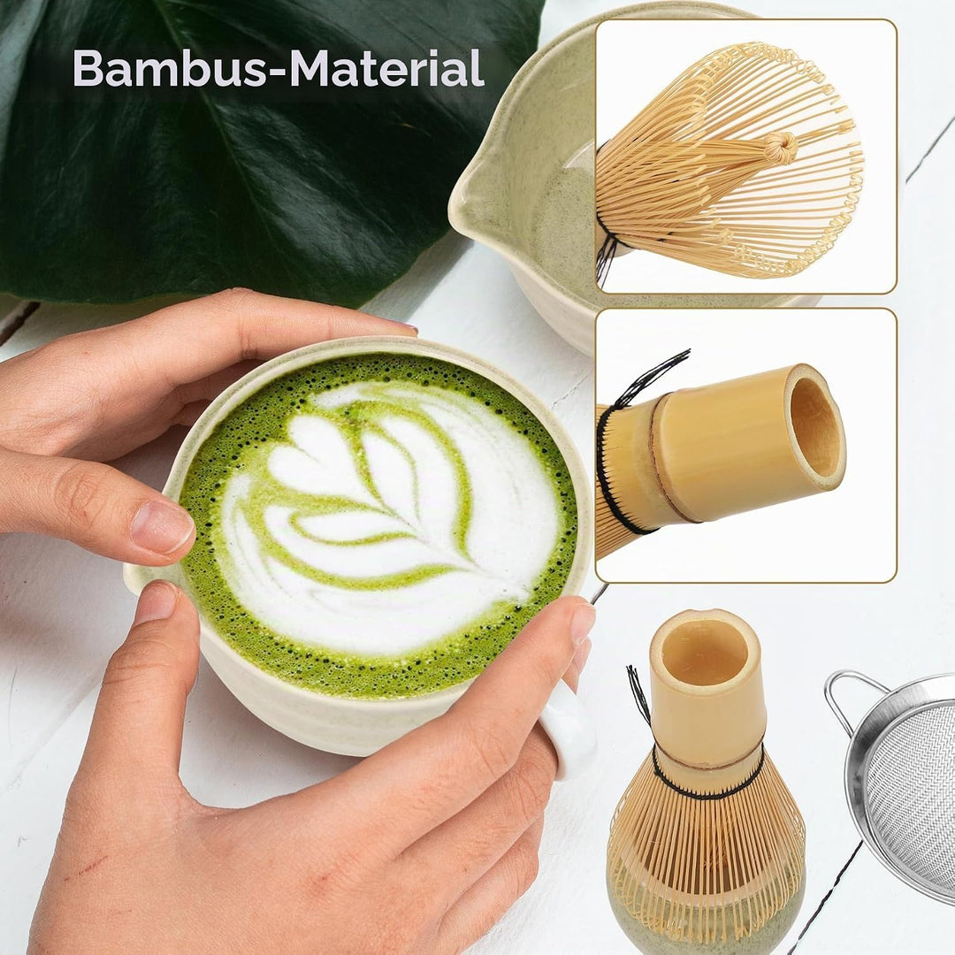 Premium Matcha Tee Set mit Bambusbesen, Keramikschale, Schaufel & Halter - Komplettes Set für Tradit