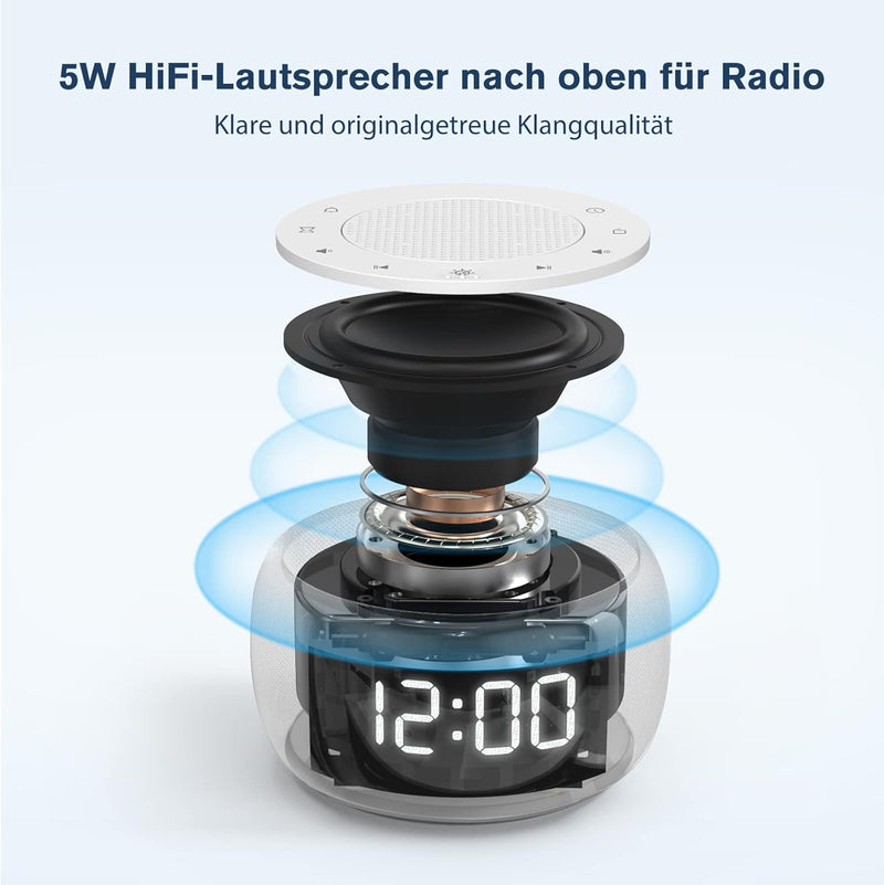 BUFFBEE Radiowecker für das Schlafzimmer - Hochwertiger Sound für das Radio, 4 Wecktöne, 7-farbiges