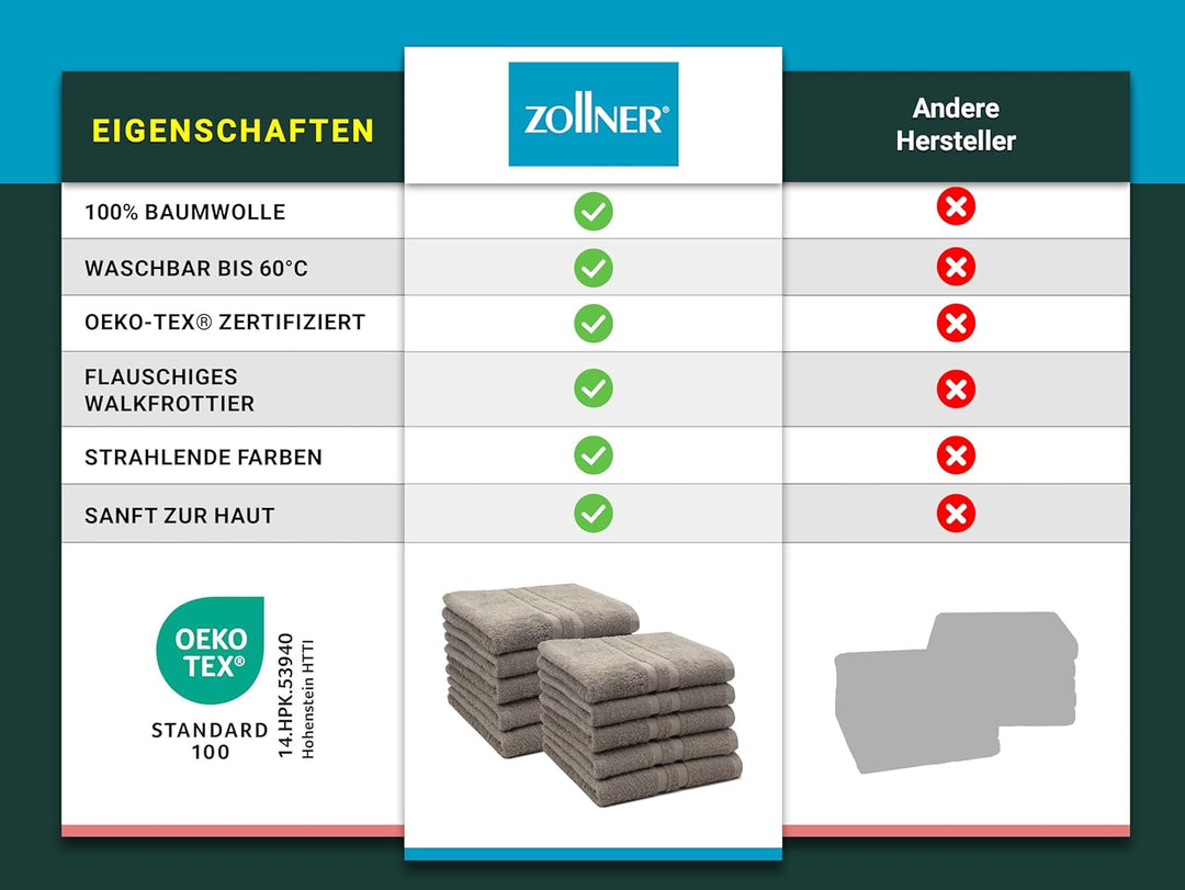 ZOLLNER 10er Set Handtücher in 50x100 cm - Flauschige Duschtücher aus Baumwolle - mit moderner Strei