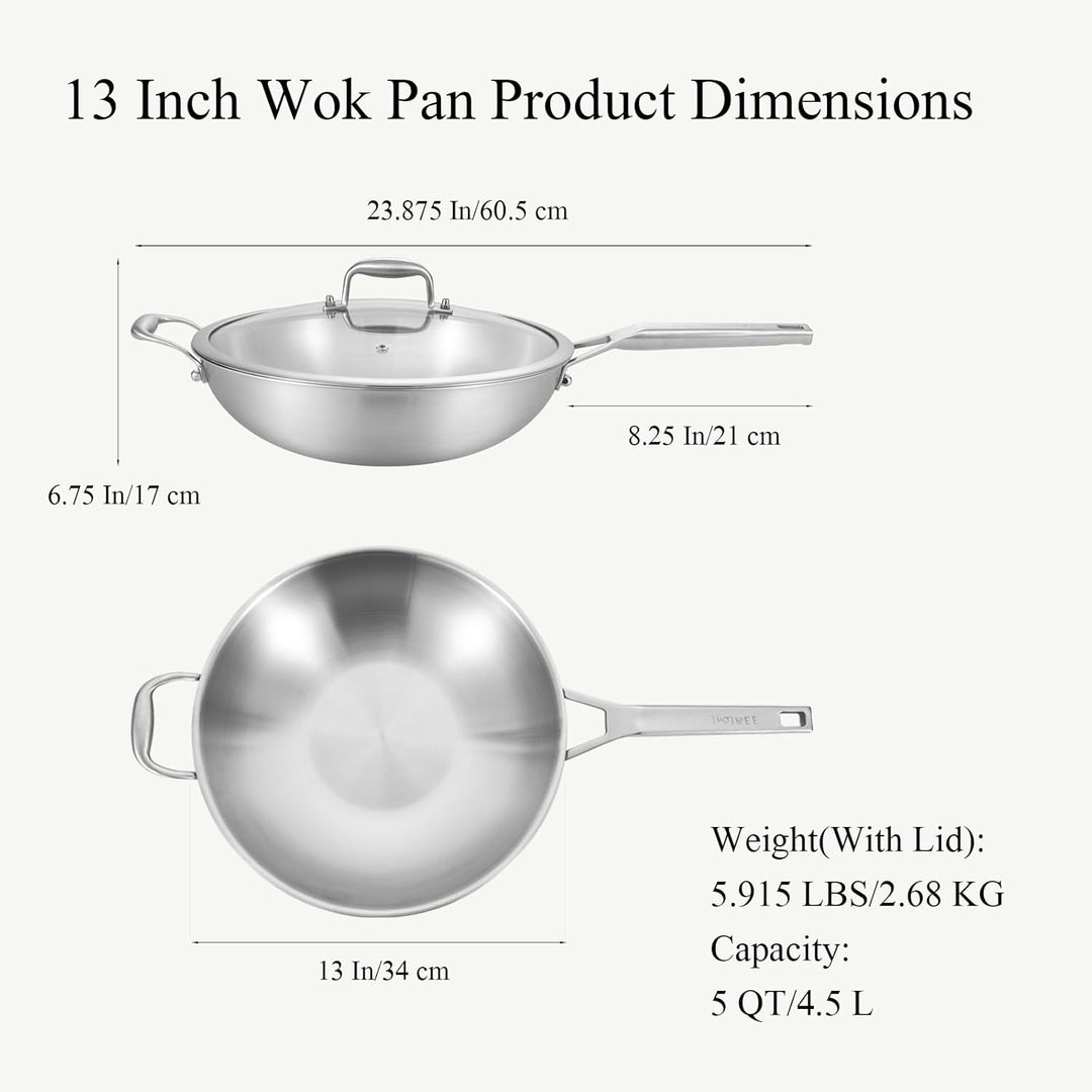 Inqibee Edelstahlpfanne 34cm Bratpfanne mit Deckel, Unbeschichtete Wok Pfanne für Induktion &amp; Gasher